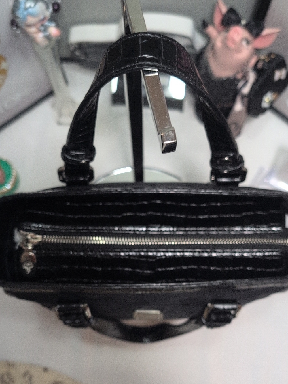 MCM Black Nylon Signature Monogram & Patent Leather Croc Embossed Trim Tote NEW - Picture 7 of 17